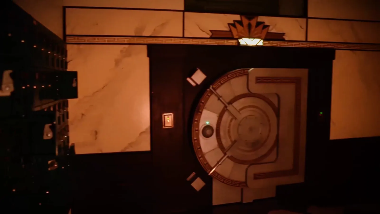 The sealed art deco vault door inside Bank Heist